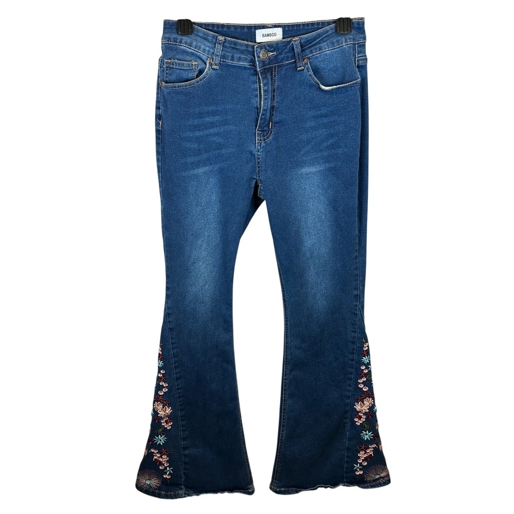 Bamboo Womens Blue Floral Embroidered Flare Jeans Size 13 R/A2202-PINK